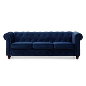 Canapé 3 Places Velours "Chesterfield" 209cm Bleu