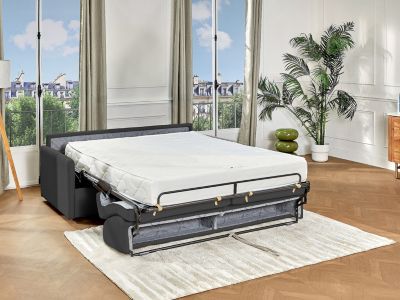 Canapé 4 places  convertible express en tissu gris - Couchage 160 cm - Matelas 22 cm avec mémoire de forme CALIFE