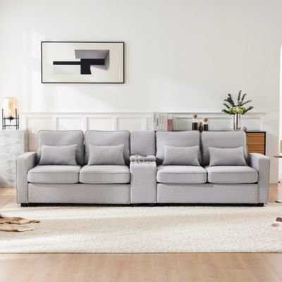 Canapé 4 places en lin avec console, 2 porte-gobelets, 2 ports USB et 4 coussins, design simple pour salon, appartement ou bureau