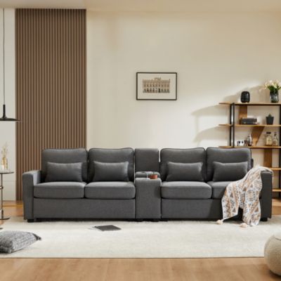 Canapé 4 places en lin avec console, 2 porte-gobelets, USB, poches accoudoirs et 4 coussins, style simple salon/appartement