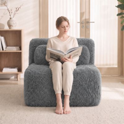 Canapé Aviana sans accoudoirs, avec coussin, tissu pelucheux, gris