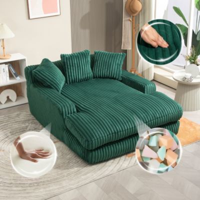 Canapé chaiselongue 125x155x63 cm en velours côtelé émeraude, confortable avec 3 coussins, sans montage