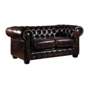 Canapé chesterfield 2 places BRENTON 100% cuir de buffle - Marron reflets châtains