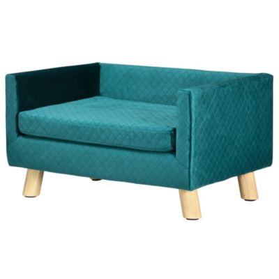 Canapé chien lit pour chien design scandinave coussin moelleux pieds bois massif dim. 64 x 45 x 36 cm velours bleu canard