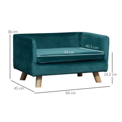 Canapé chien lit pour chien design scandinave coussin moelleux pieds bois massif dim. 64 x 45 x 36 cm velours bleu canard
