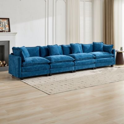 Canapé Cloud 4 places, bleu, moderne, salon, chambre, appartement, tissu chenille respirant, coussin rembourré double couche