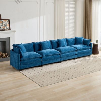 Canapé Cloud 4 places, bleu, moderne, salon, chambre, appartement, tissu chenille respirant, coussin rembourré double couche