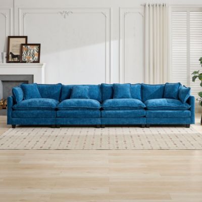 Canapé Cloud 4 places, bleu, moderne, salon, chambre, appartement, tissu chenille respirant, coussin rembourré double couche
