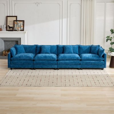 Canapé Cloud 4 places, bleu, moderne, salon, chambre, appartement, tissu chenille respirant, coussin rembourré double couche