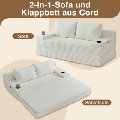 Canapé convertible 2-en-1 en velours côtelé avec porte-gobelets, poches de rangement et 2 coussins