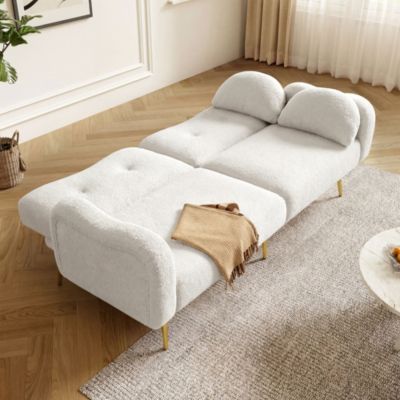 Canapé Convertible 2 Places - avec Fonction Couchage, Dossier Réglable en 3 Positions, Pieds Métal Doré, Laine Bouclée Blanc
