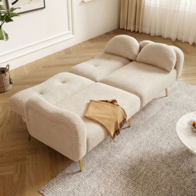 Canapé Convertible 2 Places - avec Fonction Couchage, Dossier Réglable, Pieds Métal Doré, Effet Laine Bouclée, Beige