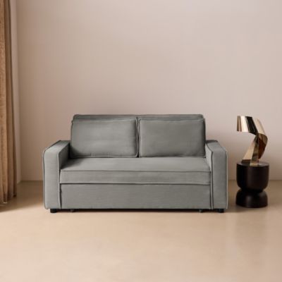 Canapé convertible 2 places gris clair velours côtelé. banquette. lit