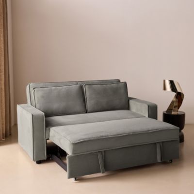 Canapé convertible 2 places gris clair velours côtelé. banquette. lit