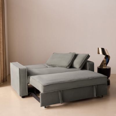 Canapé convertible 2 places gris clair velours côtelé. banquette. lit