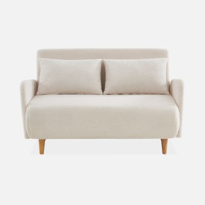 Canapé convertible 2 places scandinave - Panam - pieds bois. bouclettes crème. banquette. dossier inclinable