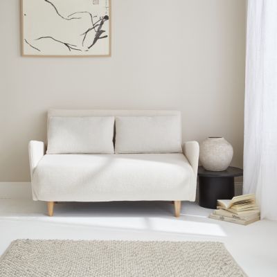 Canapé convertible 2 places scandinave - Panam - pieds bois. bouclettes crème. banquette. dossier inclinable