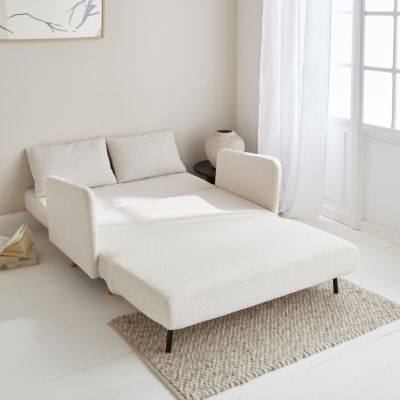 Canapé convertible 2 places scandinave - Panam - pieds bois. bouclettes crème. banquette. dossier inclinable