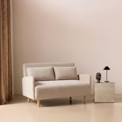 Canapé convertible 2 places scandinave velours côtelé beige - Panam - pieds bois. banquette. dossier inclinable