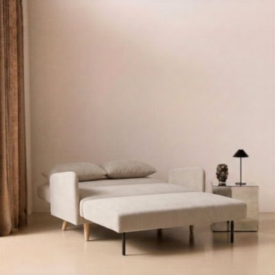 Canapé convertible 2 places scandinave velours côtelé beige - Panam - pieds bois. banquette. dossier inclinable
