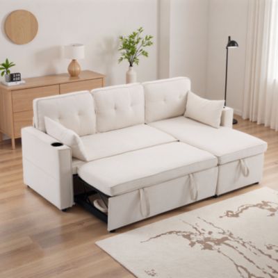 Canapé convertible 3 places avec porte-gobelet et rangement,canapé d'angle en L,canapé 3 places en lin et coton,beige