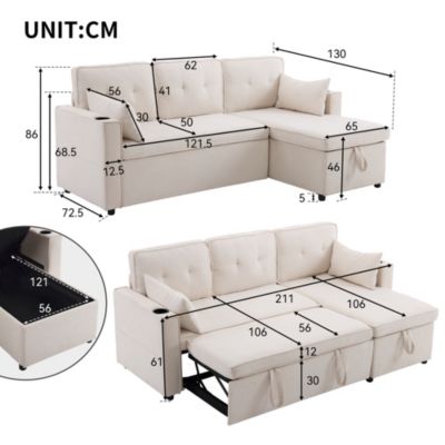 Canapé convertible 3 places avec porte-gobelet et rangement,canapé d'angle en L,canapé 3 places en lin et coton,beige