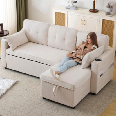 Canapé convertible 3 places avec porte-gobelet et rangement,canapé d'angle en L,canapé 3 places en lin et coton,beige