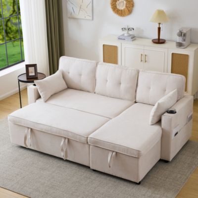 Canapé convertible 3 places avec porte-gobelet et rangement,canapé d'angle en L,canapé 3 places en lin et coton,beige