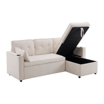 Canapé convertible 3 places avec porte-gobelet et rangement,canapé d'angle en L,canapé 3 places en lin et coton,beige
