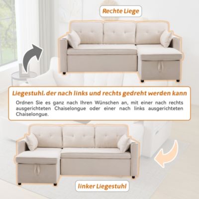 Canapé convertible 3 places avec porte-gobelet et rangement,canapé d'angle en L,canapé 3 places en lin et coton,beige