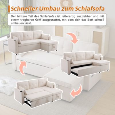 Canapé convertible 3 places avec porte-gobelet et rangement,canapé d'angle en L,canapé 3 places en lin et coton,beige