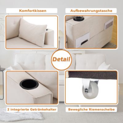 Canapé convertible 3 places avec porte-gobelet et rangement,canapé d'angle en L,canapé 3 places en lin et coton,beige