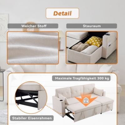 Canapé convertible 3 places avec porte-gobelet et rangement,canapé d'angle en L,canapé 3 places en lin et coton,beige