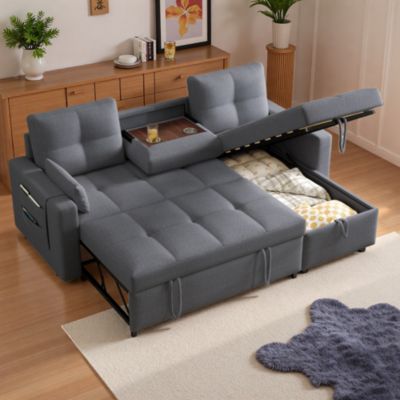 Canapé convertible 3 places avec porte-gobelet pliable, rangement, canapé d'angle en L,canapé 3 places,lin,Gris