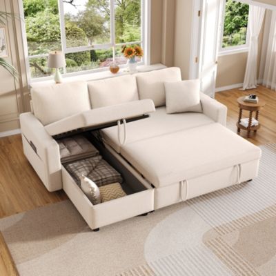 Canapé convertible 3 places avec rangement,canapé d'angle en L,méridienne gauche/droite interchangeable,lin,beige