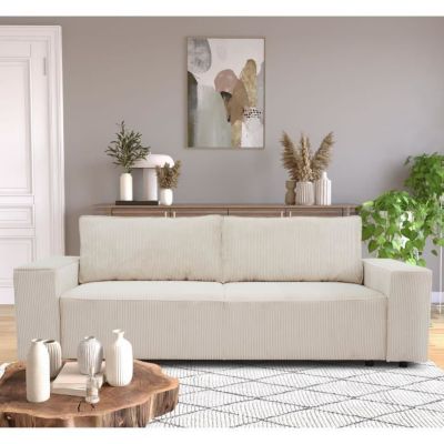 Canapé convertible 3 places JOSH - Tissu Zoom Perle - Coffre de rangement - L 197 x P 117 x H 65 cm