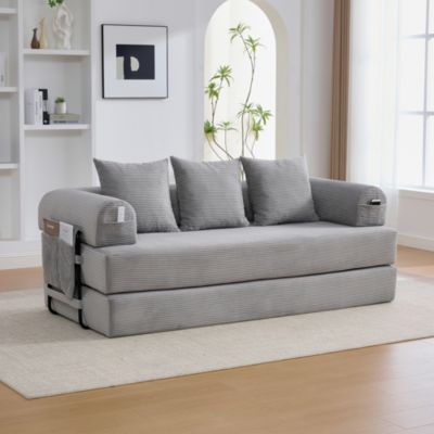 Canapé Convertible 3 Places Pliant avec 3 Coussins et Poche Latérale - Velours Côtelé et Mousse, Gris Clair