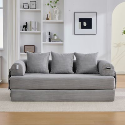 Canapé Convertible 3 Places Pliant avec 3 Coussins et Poche Latérale - Velours Côtelé et Mousse, Gris Clair