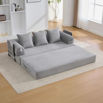Canapé Convertible 3 Places Pliant avec 3 Coussins et Poche Latérale - Velours Côtelé et Mousse, Gris Clair