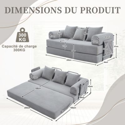 Canapé Convertible 3 Places Pliant avec 3 Coussins et Poche Latérale - Velours Côtelé et Mousse, Gris Clair