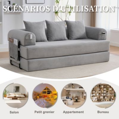 Canapé Convertible 3 Places Pliant avec 3 Coussins et Poche Latérale - Velours Côtelé et Mousse, Gris Clair