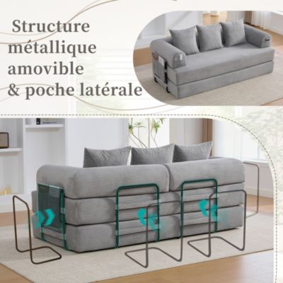 Canapé Convertible 3 Places Pliant avec 3 Coussins et Poche Latérale - Velours Côtelé et Mousse, Gris Clair