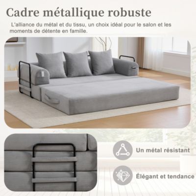 Canapé Convertible 3 Places Pliant avec 3 Coussins et Poche Latérale - Velours Côtelé et Mousse, Gris Clair