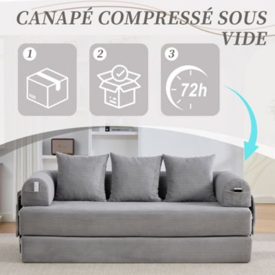 Canapé Convertible 3 Places Pliant avec 3 Coussins et Poche Latérale - Velours Côtelé et Mousse, Gris Clair