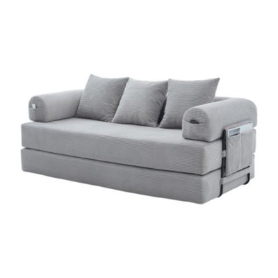 Canapé Convertible 3 Places Pliant avec 3 Coussins et Poche Latérale - Velours Côtelé et Mousse, Gris Clair