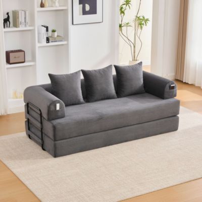 Canapé Convertible 3 Places Pliant avec 3 Coussins et Poche Latérale - Velours Côtelé et Mousse, Gris Foncé