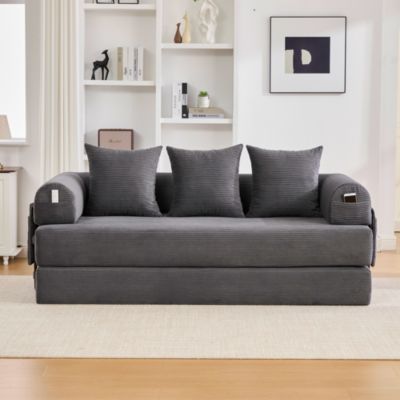 Canapé Convertible 3 Places Pliant avec 3 Coussins et Poche Latérale - Velours Côtelé et Mousse, Gris Foncé