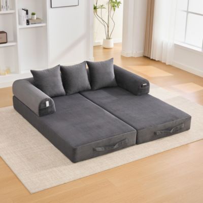 Canapé Convertible 3 Places Pliant avec 3 Coussins et Poche Latérale - Velours Côtelé et Mousse, Gris Foncé
