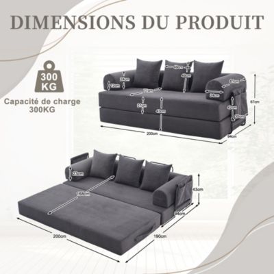 Canapé Convertible 3 Places Pliant avec 3 Coussins et Poche Latérale - Velours Côtelé et Mousse, Gris Foncé