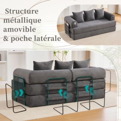 Canapé Convertible 3 Places Pliant avec 3 Coussins et Poche Latérale - Velours Côtelé et Mousse, Gris Foncé